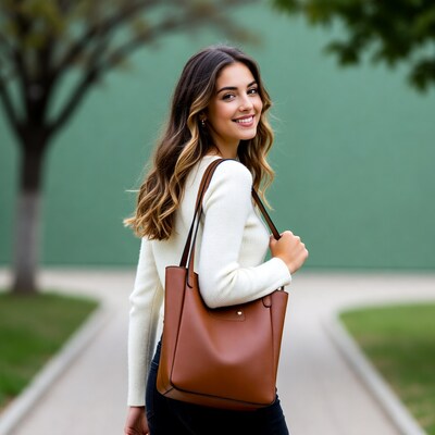 Woman carrying brown tote bag outdoors