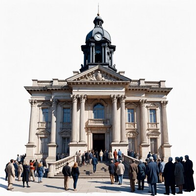Crowd outside neoclassical clock tower building