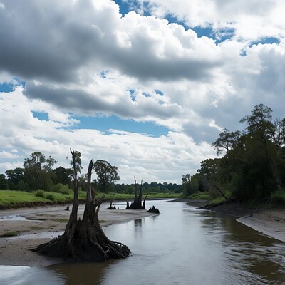 River with dead trees and cloudy sky