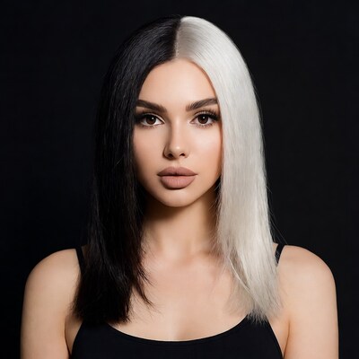 Woman with black and white split hair