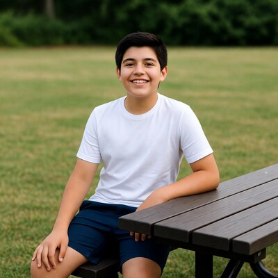 Smiling Latino boy on park bench
