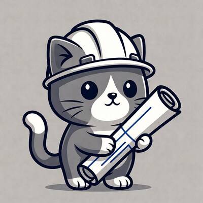 Cute cat wearing hardhat holding blueprints