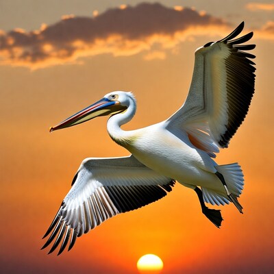 Pelican Flying Over Sunset