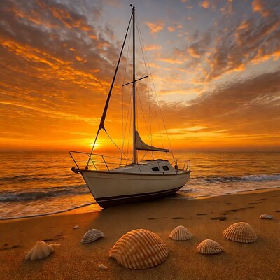 Sailboat on beach at sunset