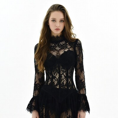 Woman in black lace dress