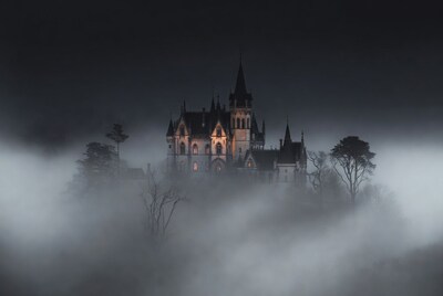 Gothic Castle in Foggy Night