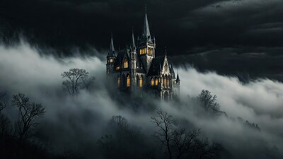 Gothic Castle in Foggy Night