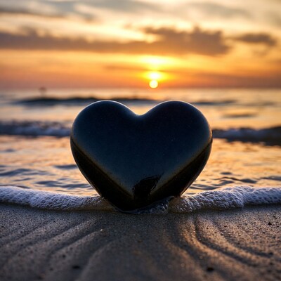 Black heart on beach at sunset