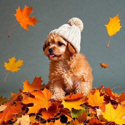 Cavalier King Charles Puppy in Beanie on Autumn Leaves