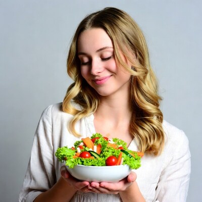 Blonde woman holding fresh salad