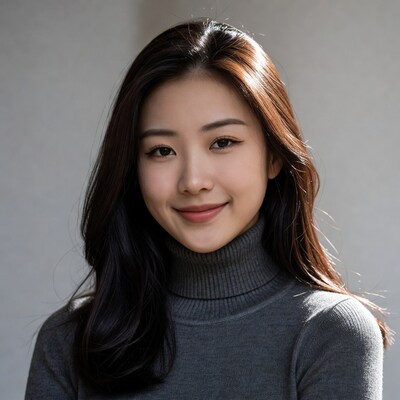 Asian woman in gray turtleneck smiling