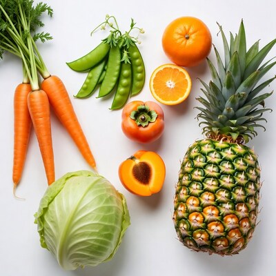 Fresh vegetables and fruits on white background