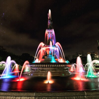 Colorful Fountain Statue at Night
