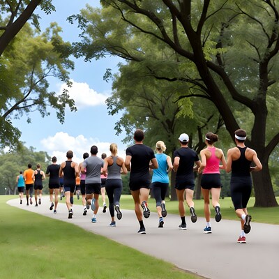 Group of runners jogging on park path