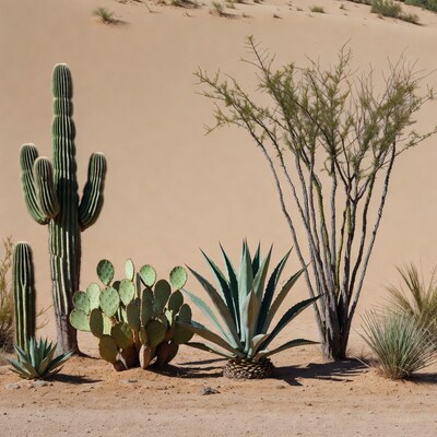 Desert Cacti and Succulents in Sand
