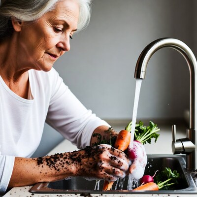 Elderly woman washing carrots in sink