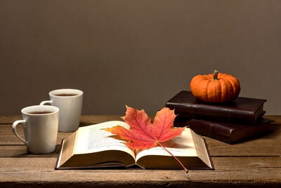 Open Book with Red Maple Leaf and Pumpkin