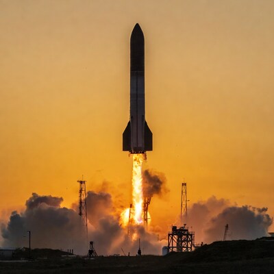 Rocket launching at sunset