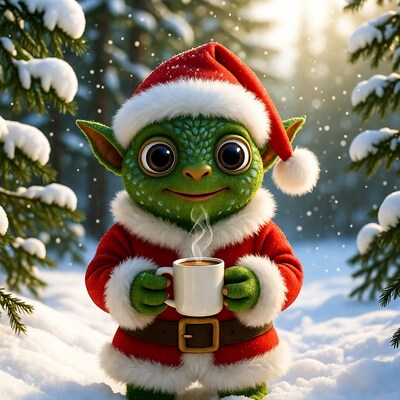 Cute green elf holding coffee in snowy forest