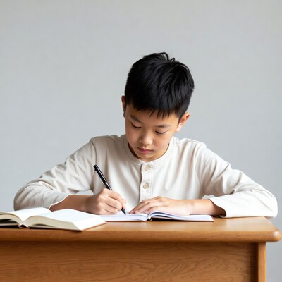 Asian boy writing in notebook