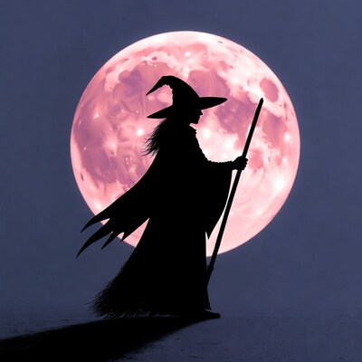 Silhouette witch with broomstick and pink moon