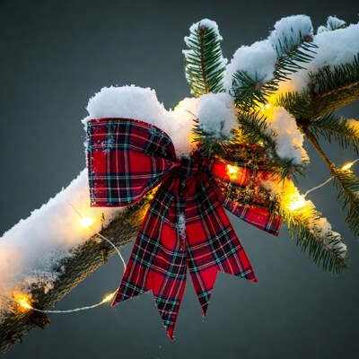 Red Plaid Bow on Snowy Christmas Branch