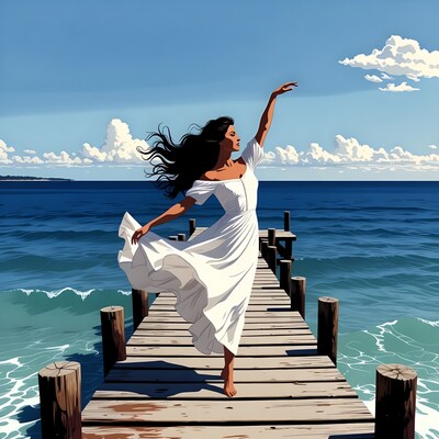 Woman dancing on pier over ocean