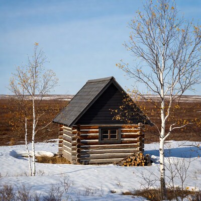 Log Cabin in Snowy Autumn Landscape