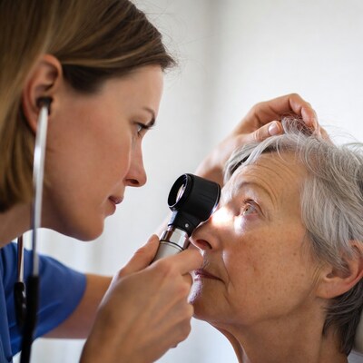 Nurse examining elderly woman's eye