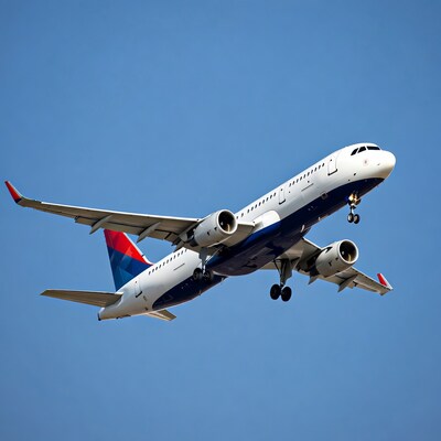 Delta Airbus flying over blue sky