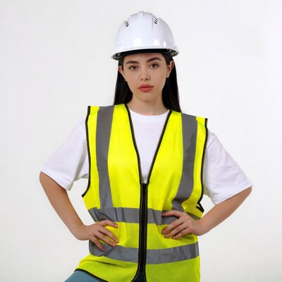 Young woman in hard hat and safety vest