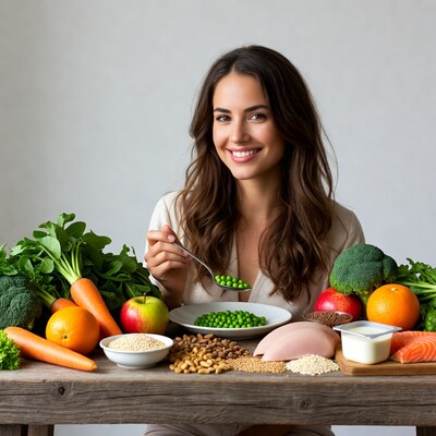 Woman eating peas with healthy foods