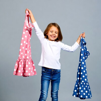 Girl holding pink and blue polka dot dresses