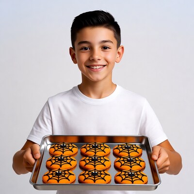 Boy holding Halloween spiderweb cookies