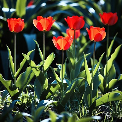 Red Tulips in Green Leaves