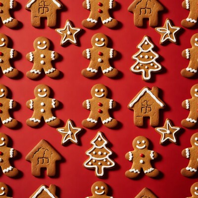 Gingerbread men cookies on red background