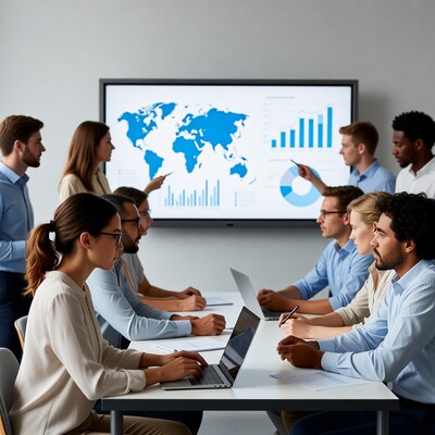 Diverse team in business meeting with world map chart