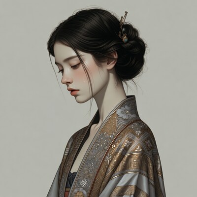 Asian woman in kimono profile view