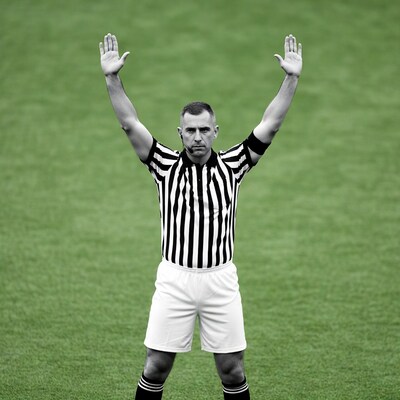 Soccer referee raising arms on field