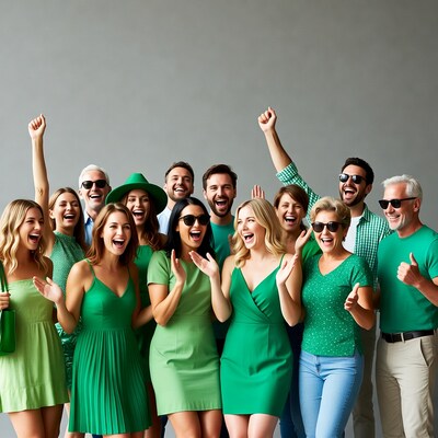 Diverse group celebrating in green outfits