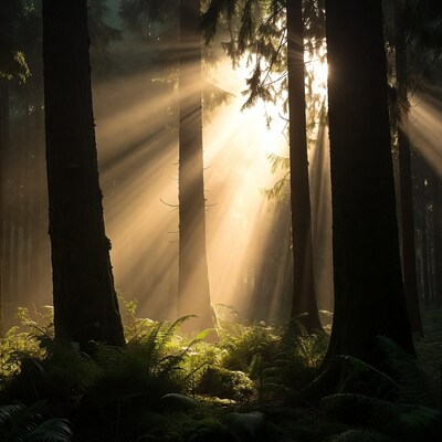 Sunbeams through Douglas Fir Forest