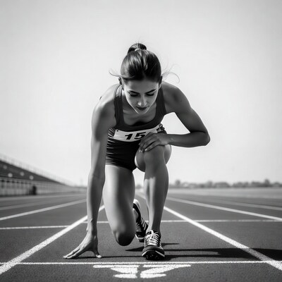 Female runner starting blocks black white