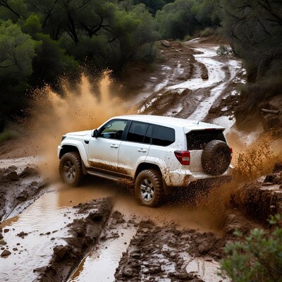 White SUV splashing through muddy off-road trail