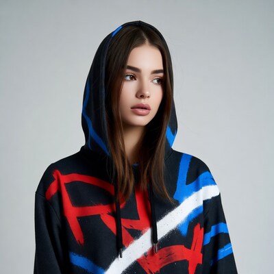 Woman in colorful hoodie