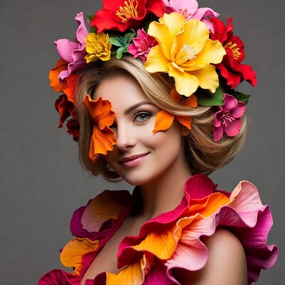 Blonde woman with colorful hibiscus flower crown