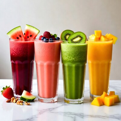 Four Colorful Fruit Smoothies with Toppings
