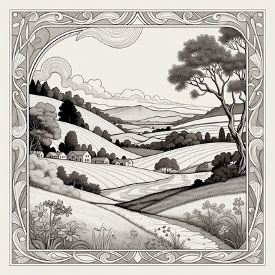 Ornate countryside landscape illustration