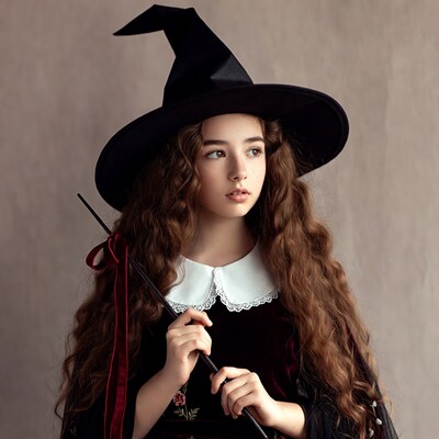Girl in witch hat holding wand