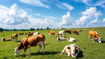 Herd of Holstein cows grazing green pasture