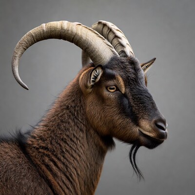 Closeup of goat with large curved horns